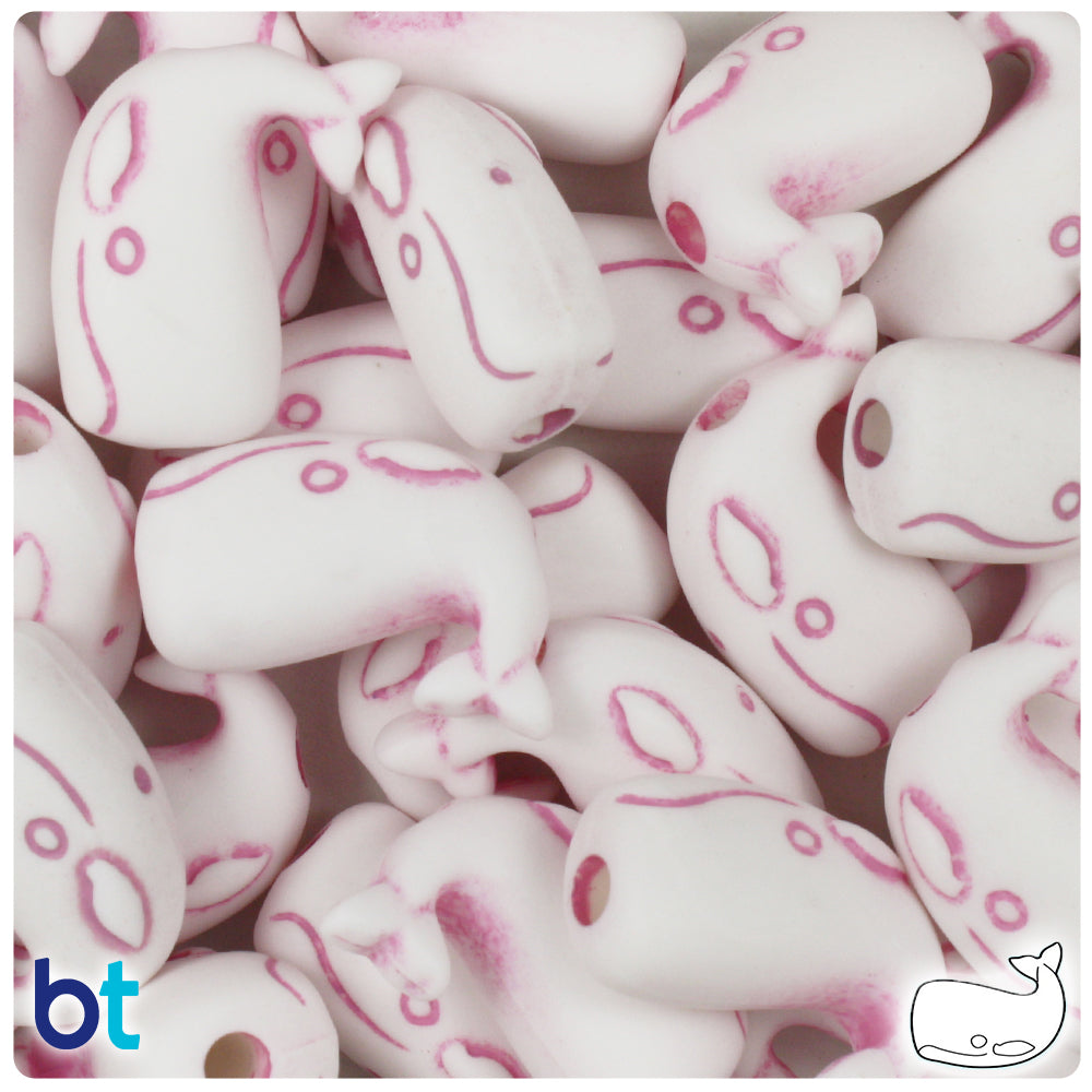 White w/Pink Antique 24mm Whale Pony Beads (24pcs)