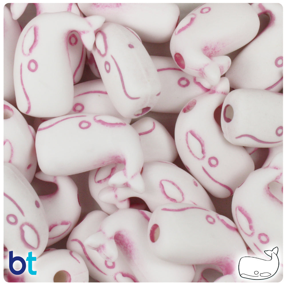 White w/Pink Antique 24mm Whale Pony Beads (8pcs)