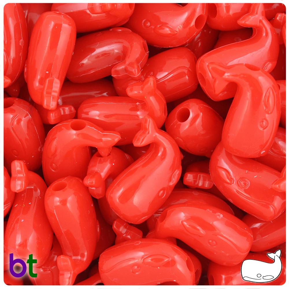 Bright Red Opaque 24mm Whale Pony Beads (8pcs)
