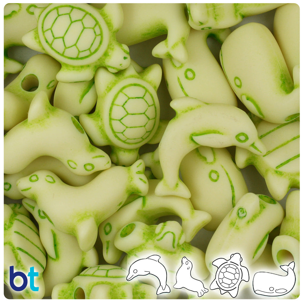 Ivory w/Green Antique Marine Life Pony Beads (2oz)