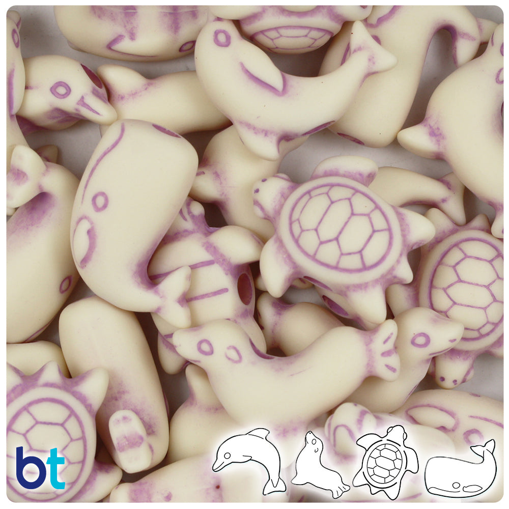 Ivory w/Purple Antique Marine Life Pony Beads (2oz)