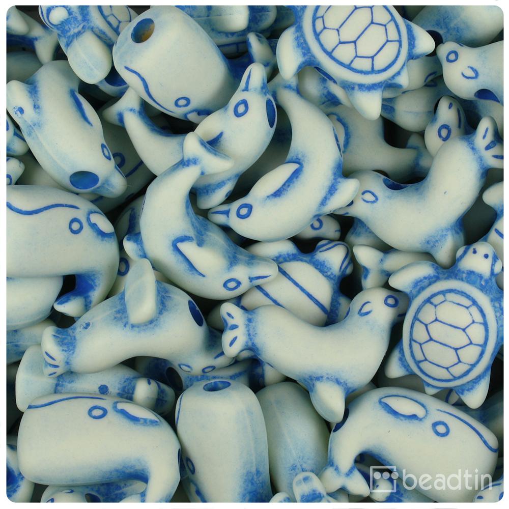 Ivory w/Blue Antique Marine Life Pony Beads (8pcs)