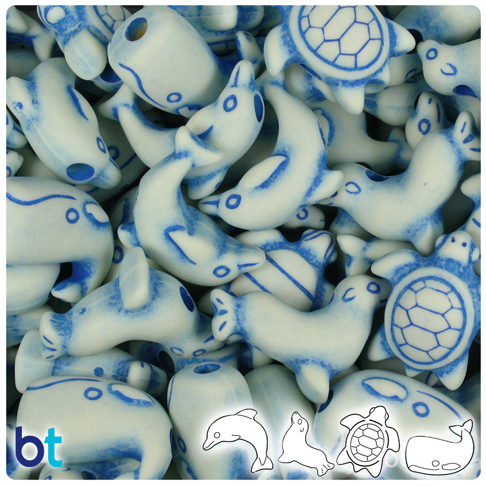 Ivory w/Blue Antique Marine Life Pony Beads (2oz)