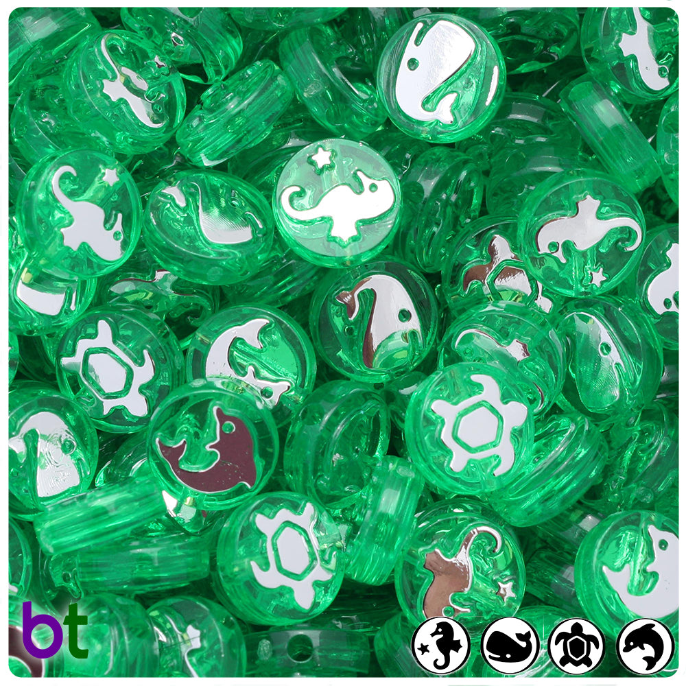 Sea Life 13mm Picture Beads - Mint Transparent with Silver (30pcs)
