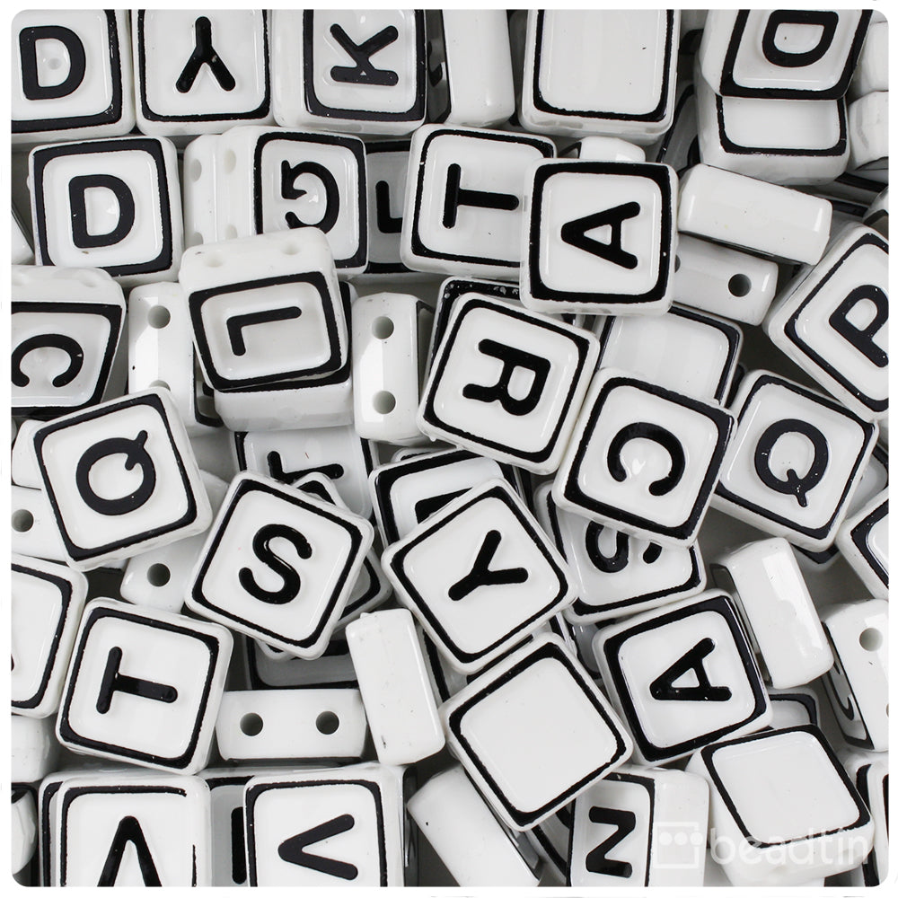 White Opaque 13mm Square Alpha Beads - Black Letter Mix (4oz)