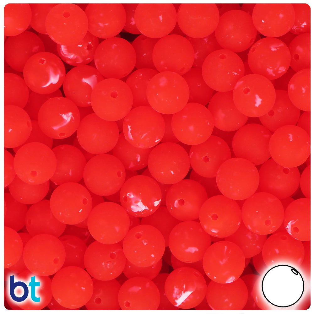 Fire Red Frosted 10mm Round Plastic Beads - White Swirls (150pcs)