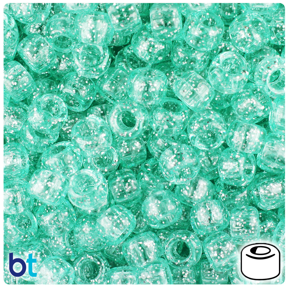 Green Aqua Sparkle 9mm Barrel Pony Beads (500pcs)