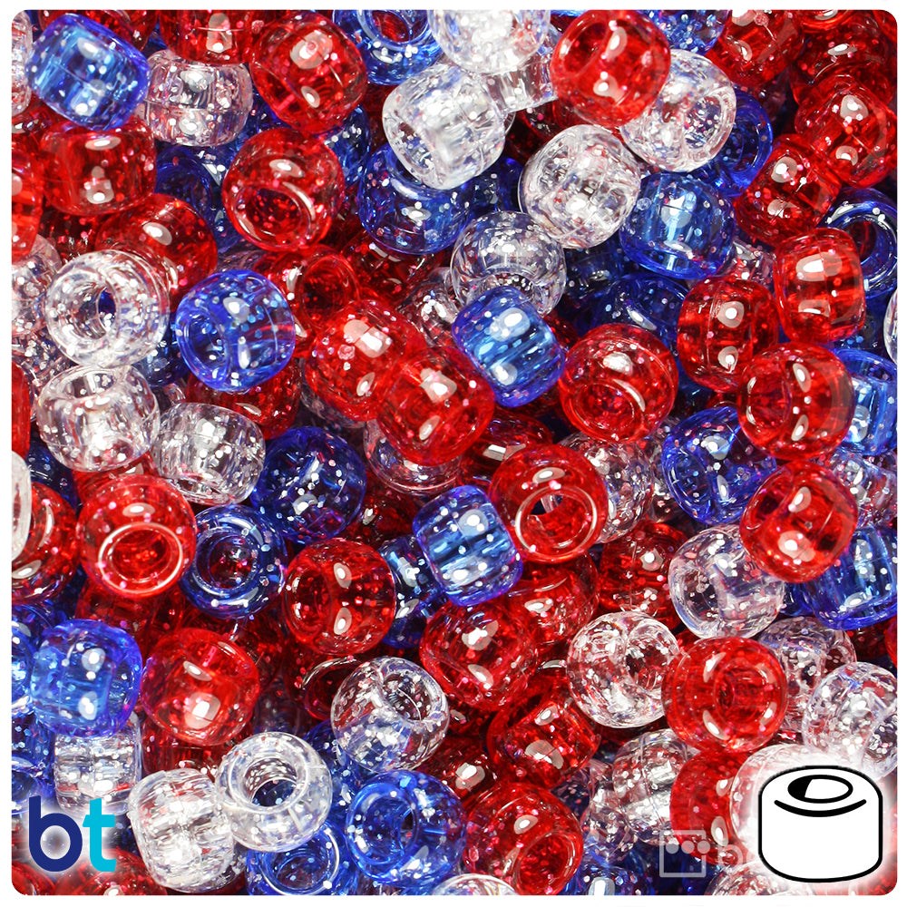 Patriotic Mix Sparkle 9mm Barrel Pony Beads (500pcs)