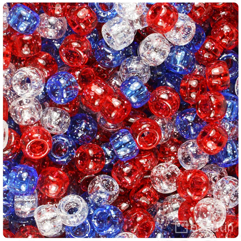 Patriotic Mix Sparkle 9mm Barrel Pony Beads (100pcs)
