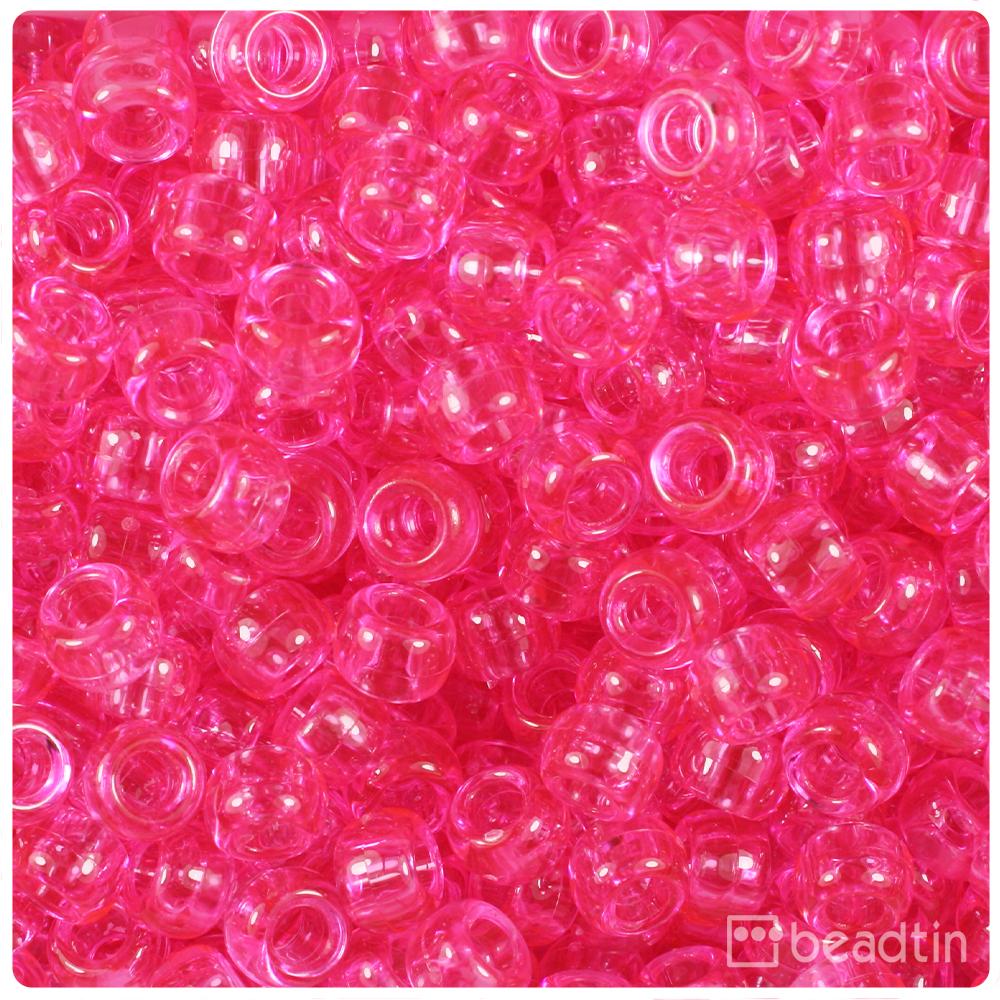 Medium Pink Transparent 9mm Barrel Pony Beads (100pcs)