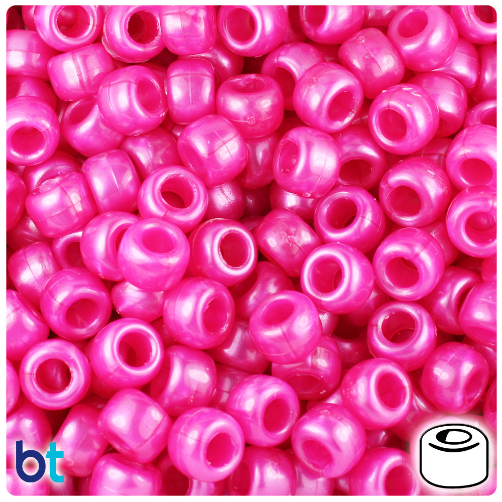 Hot Pink Pearl 9mm Barrel Pony Beads (500pcs)