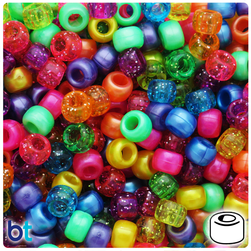 Bright Pearl & Sparkle Mix 9mm Barrel Pony Beads (500pcs)