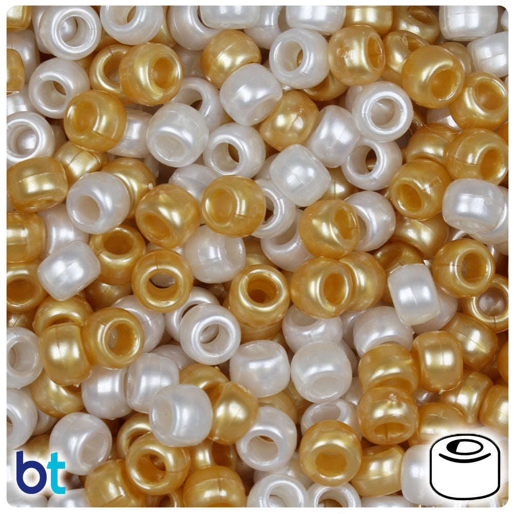 Gold & Bridal Pearl Mix 9mm Barrel Pony Beads (100pcs)