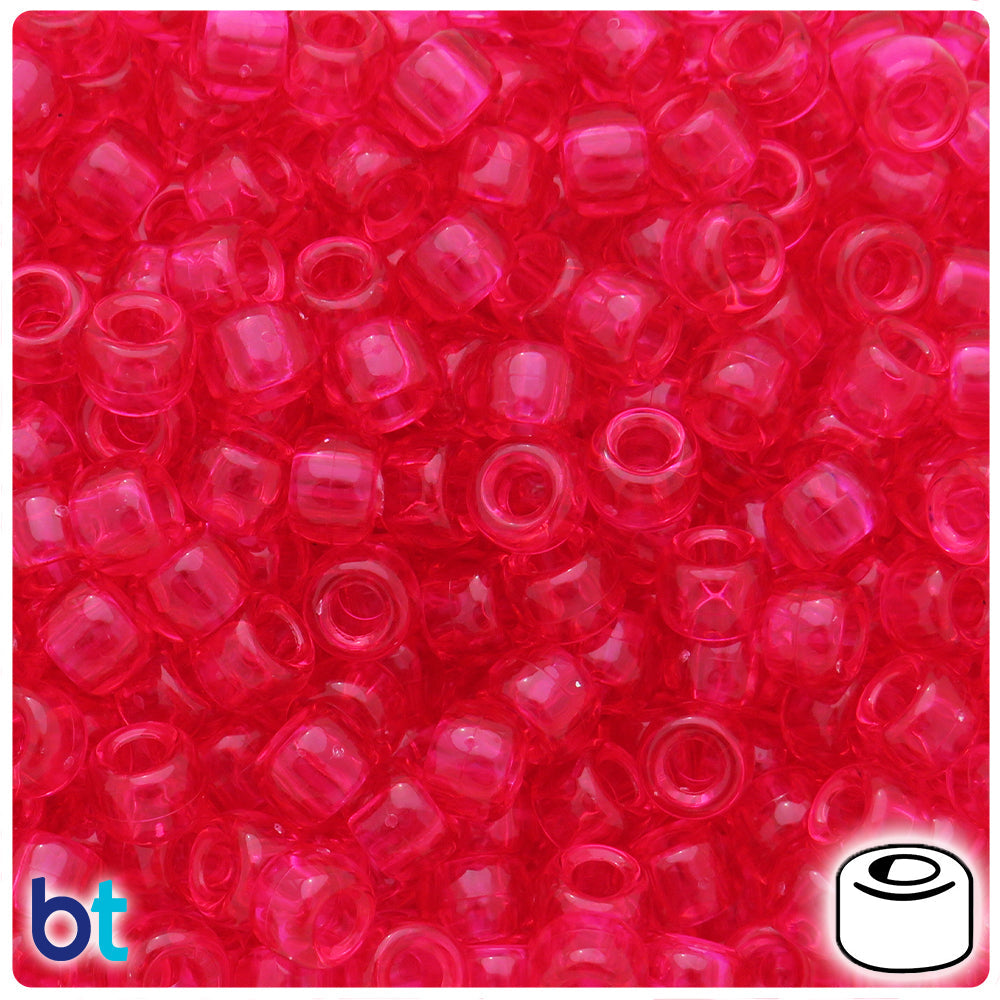 Cerise Transparent 9mm Barrel Pony Beads (100pcs)