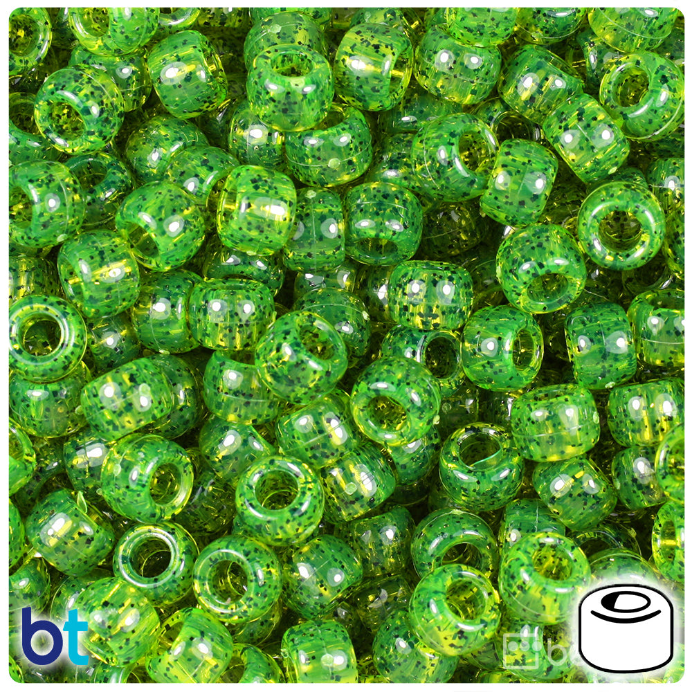 Lime Roe Black Sparkle 9mm Barrel Pony Beads (500pcs)