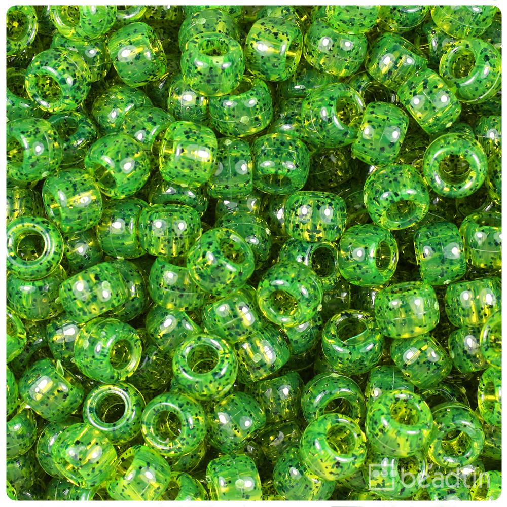 Lime Roe Black Sparkle 9mm Barrel Pony Beads (100pcs)