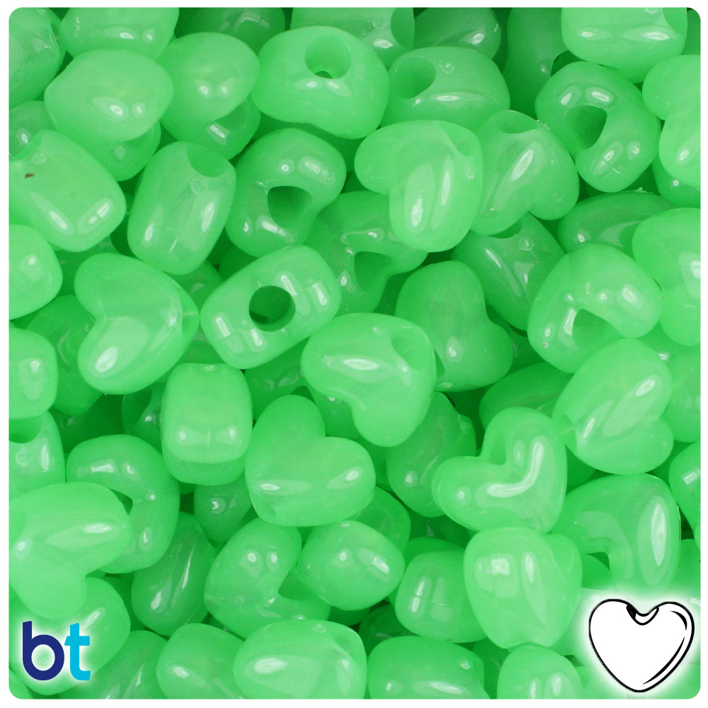 Green Glow 12mm Heart (VH) Pony Beads (250pcs)