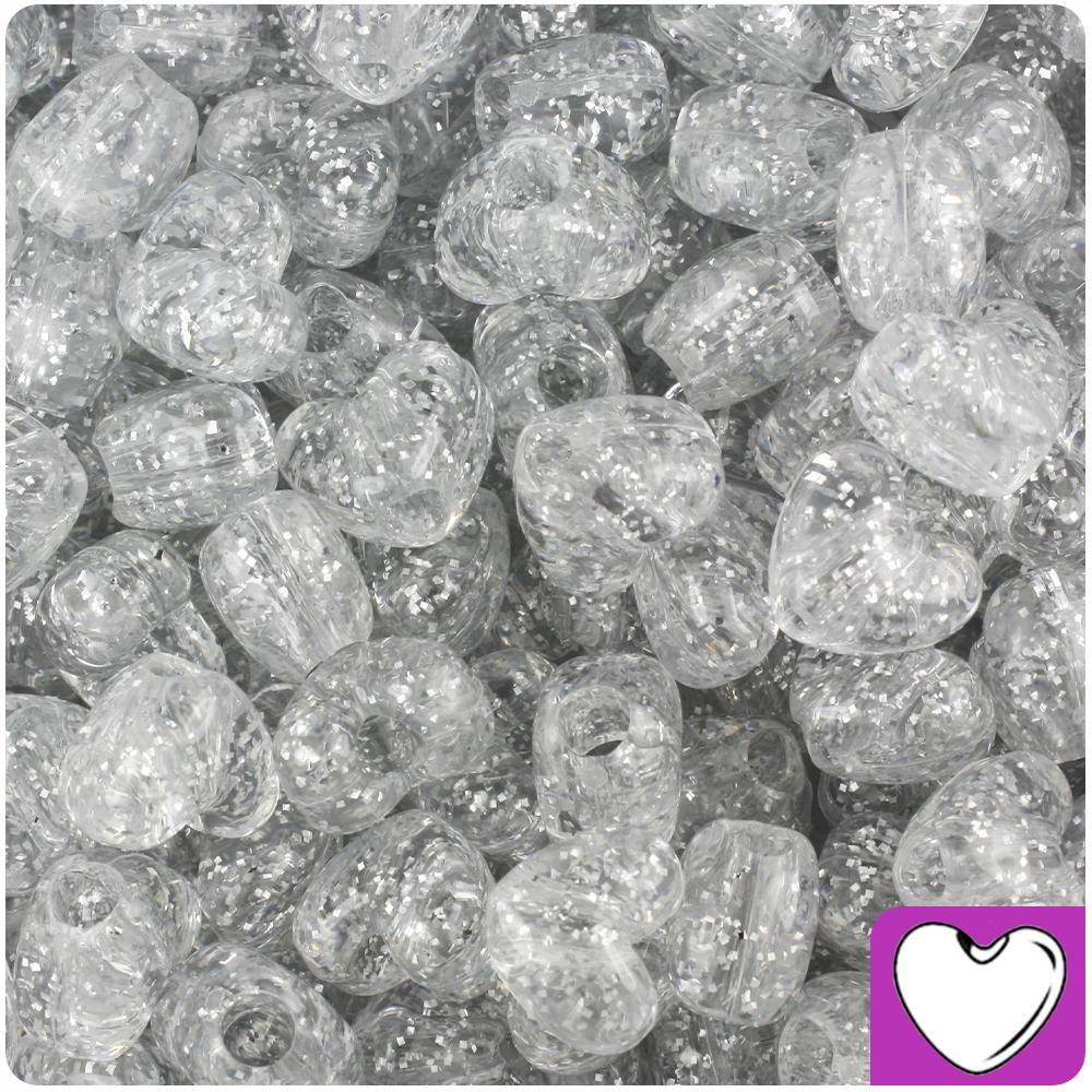 Silver Sparkle 12mm Heart (VH) Pony Beads (50pcs)