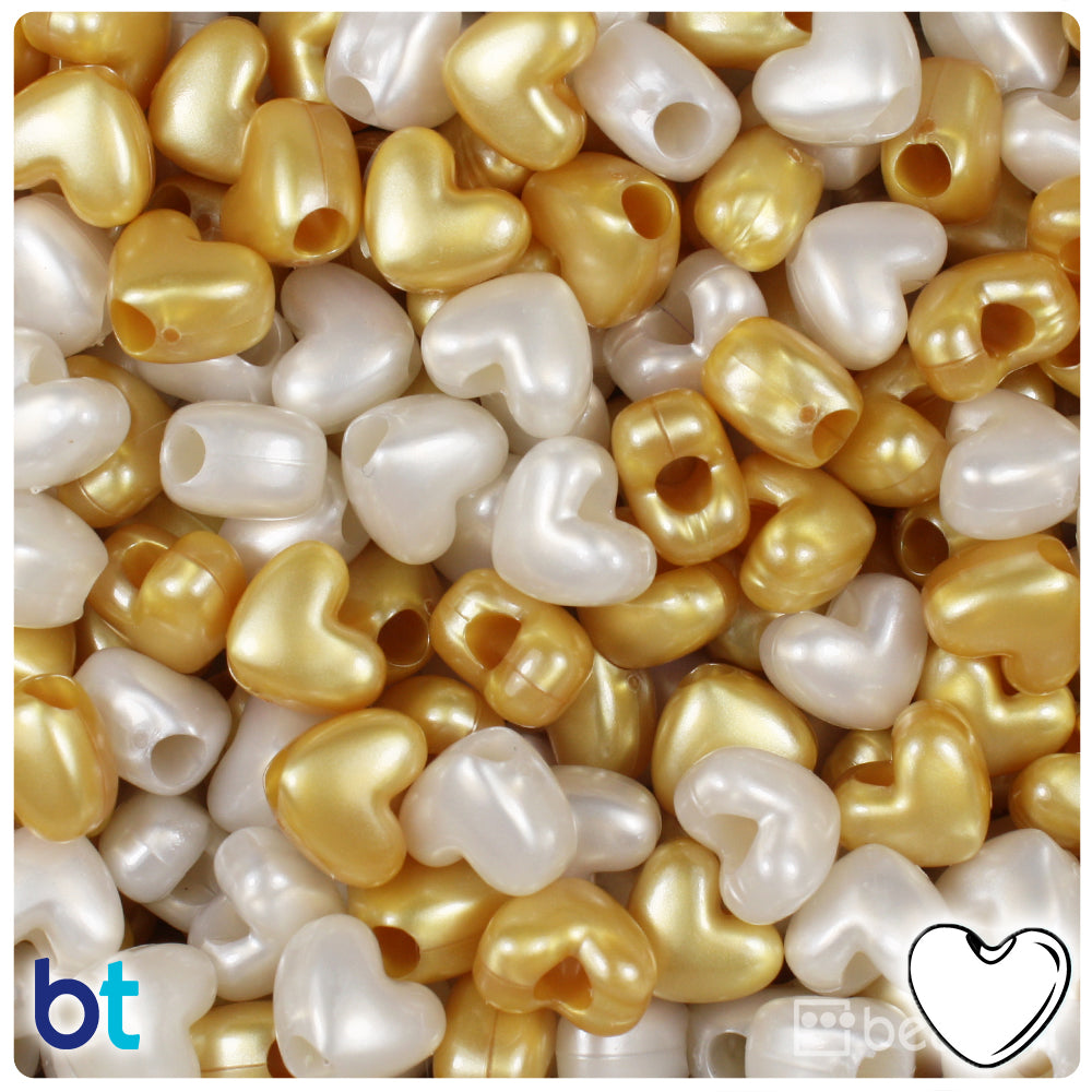 Gold & Bridal Pearl Mix 12mm Heart (VH) Pony Beads (250pcs)