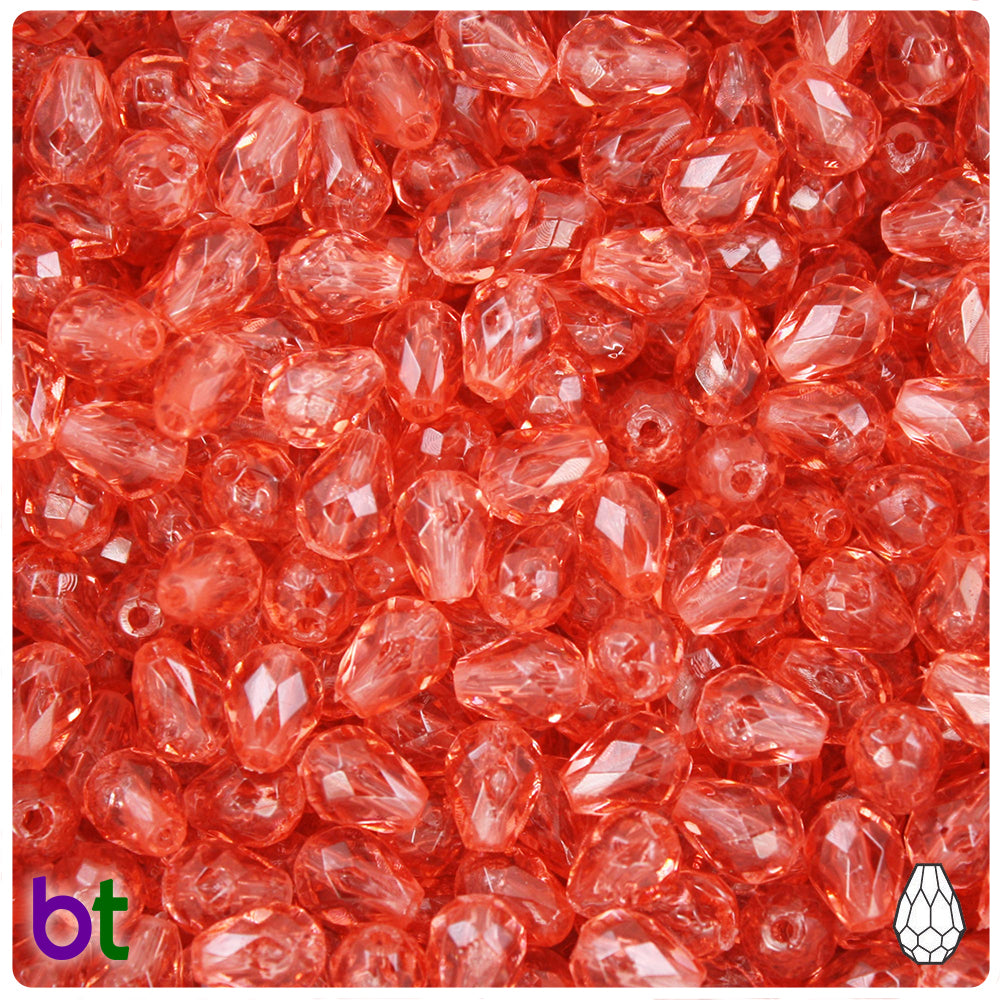 Medium Coral Transparent 9mm Faceted Pear Plastic Beads (60pcs)