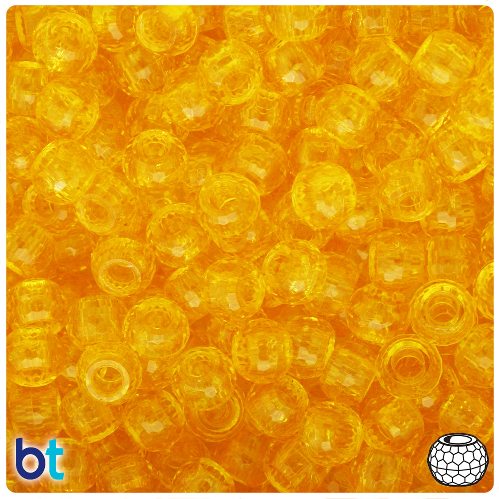Dark Yellow Transparent 9mm Faceted Barrel Pony Beads (100pcs)