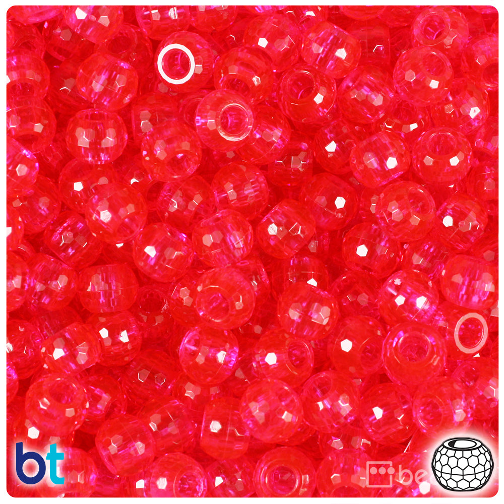 Hot Pink Transparent 9mm Faceted Barrel Pony Beads (500pcs)