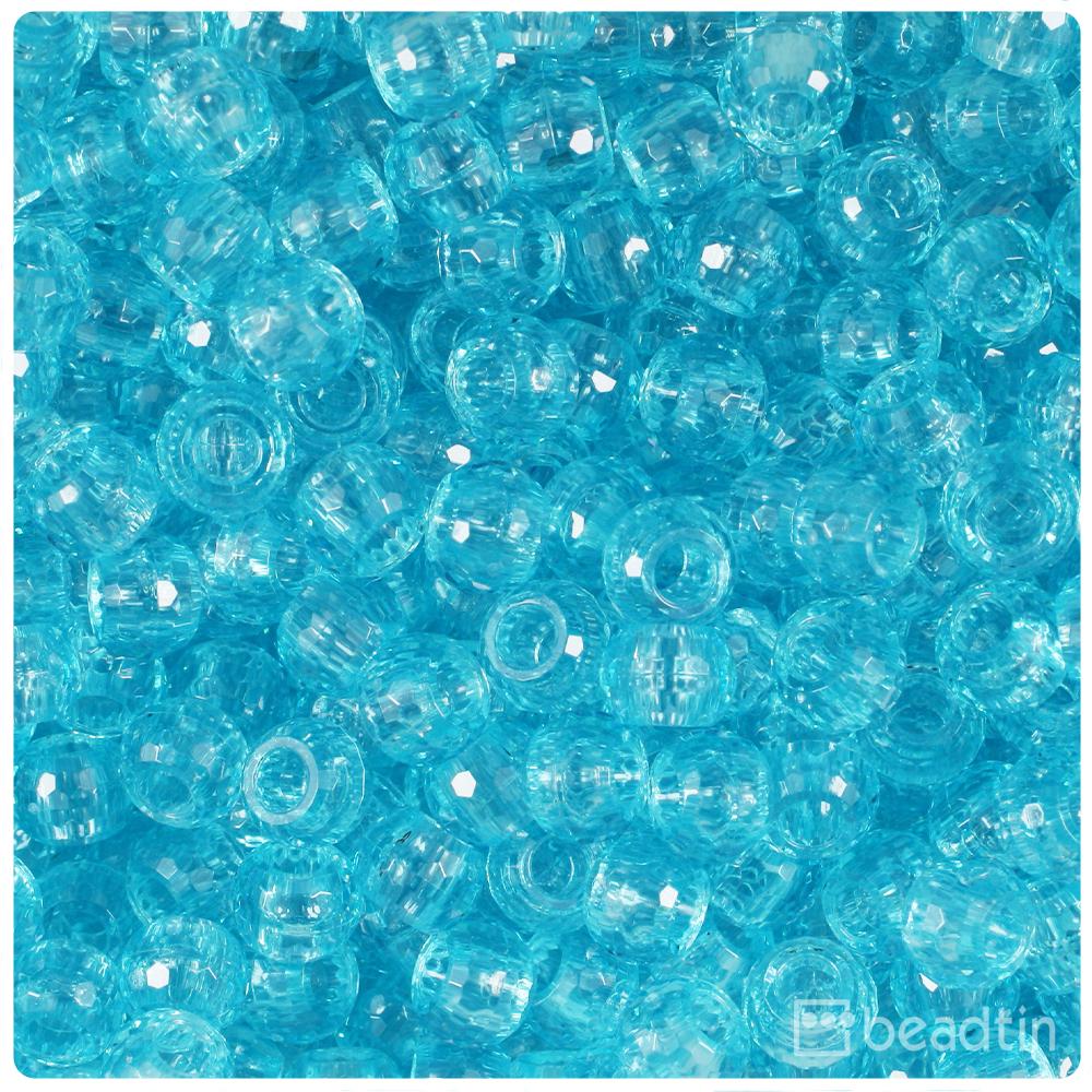 Light Turquoise Transparent 9mm Faceted Barrel Pony Beads (100pcs)