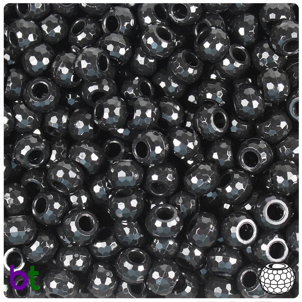 Black Opaque 9mm Faceted Barrel Pony Beads (100pcs)