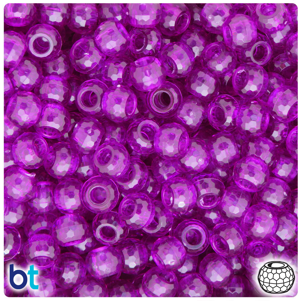 Lilac Transparent 9mm Faceted Barrel Pony Beads (100pcs)