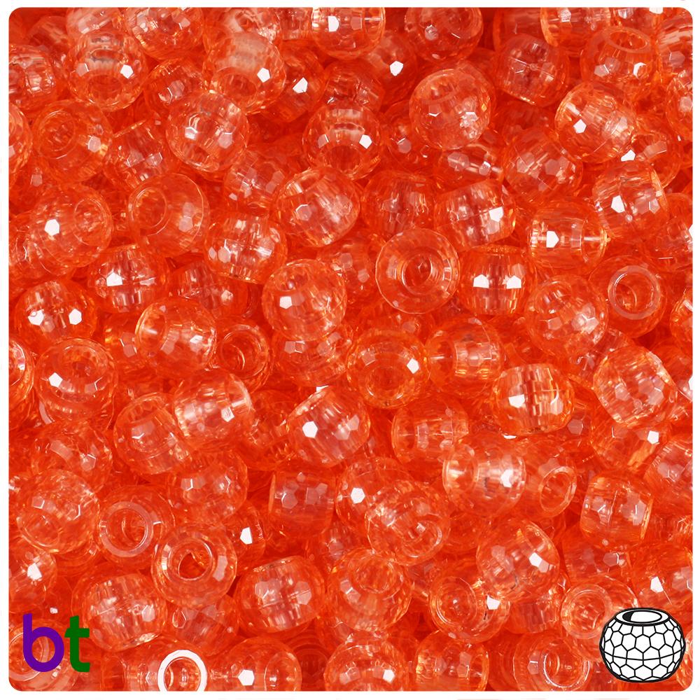 Tangerine Transparent 9mm Faceted Barrel Pony Beads (100pcs)