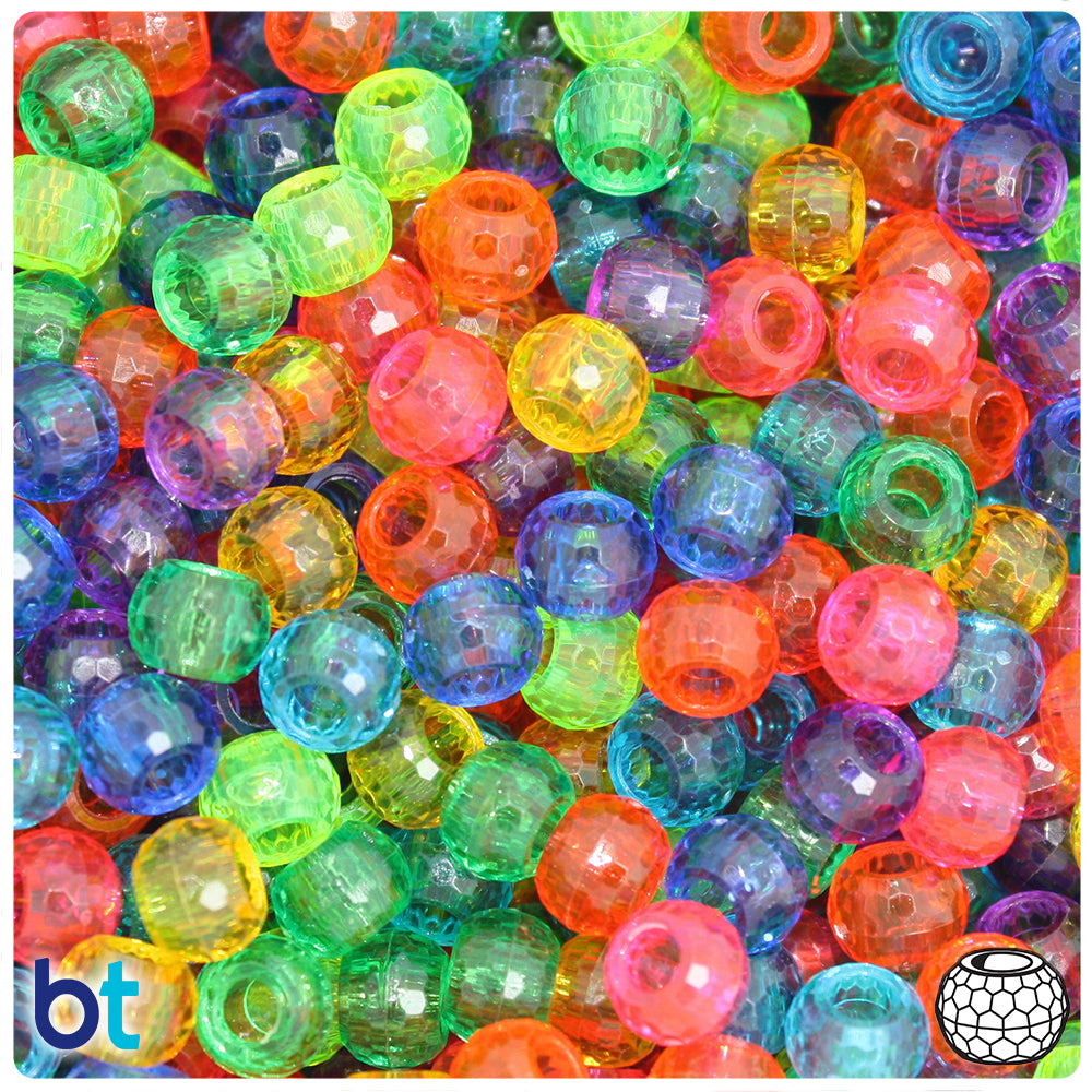Rainbow Mix Transparent 9mm Faceted Barrel Pony Beads (100pcs)