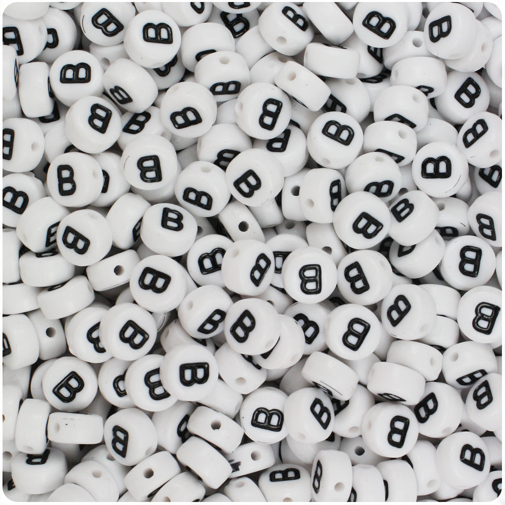White Opaque 7mm Coin Alpha Beads - Black Letter B (100pcs)