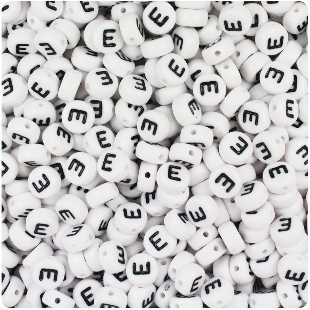 White Opaque 7mm Coin Alpha Beads - Black Letter E (100pcs)