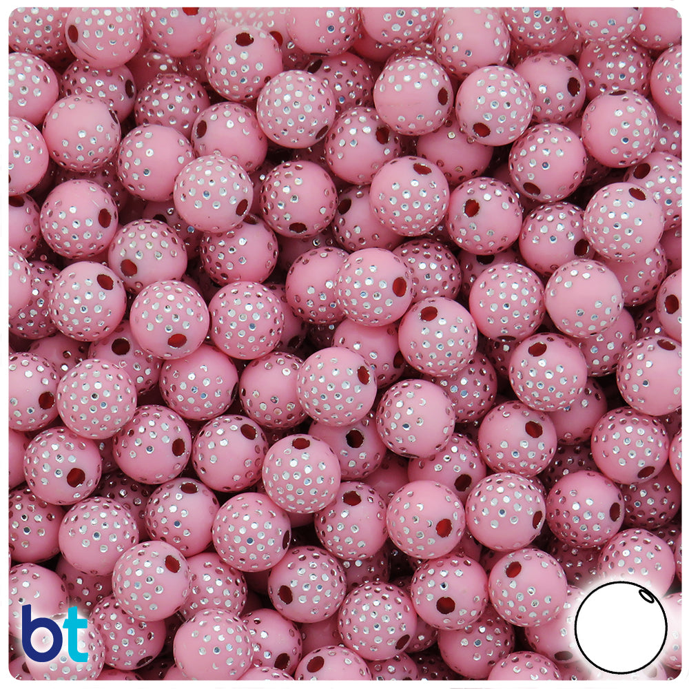 Light Pink Opaque 8mm Round Plastic Beads - Silver Dots (150pcs)