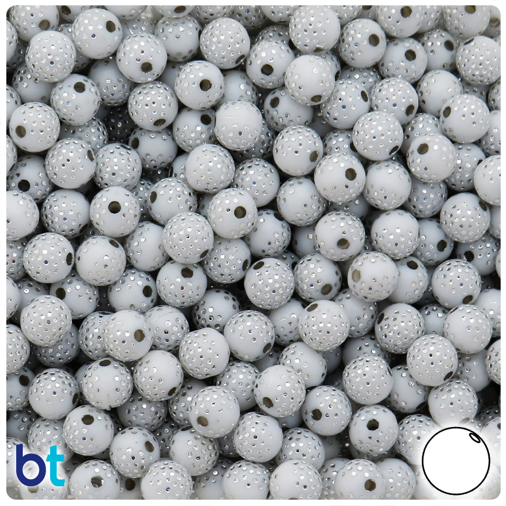 White Opaque 8mm Round Plastic Beads - Silver Dots (150pcs)