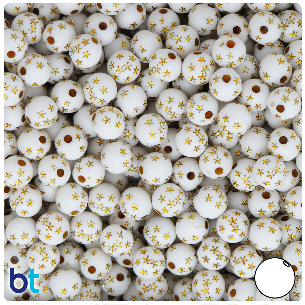 White Opaque 8mm Round Plastic Beads - Gold Stars (150pcs)