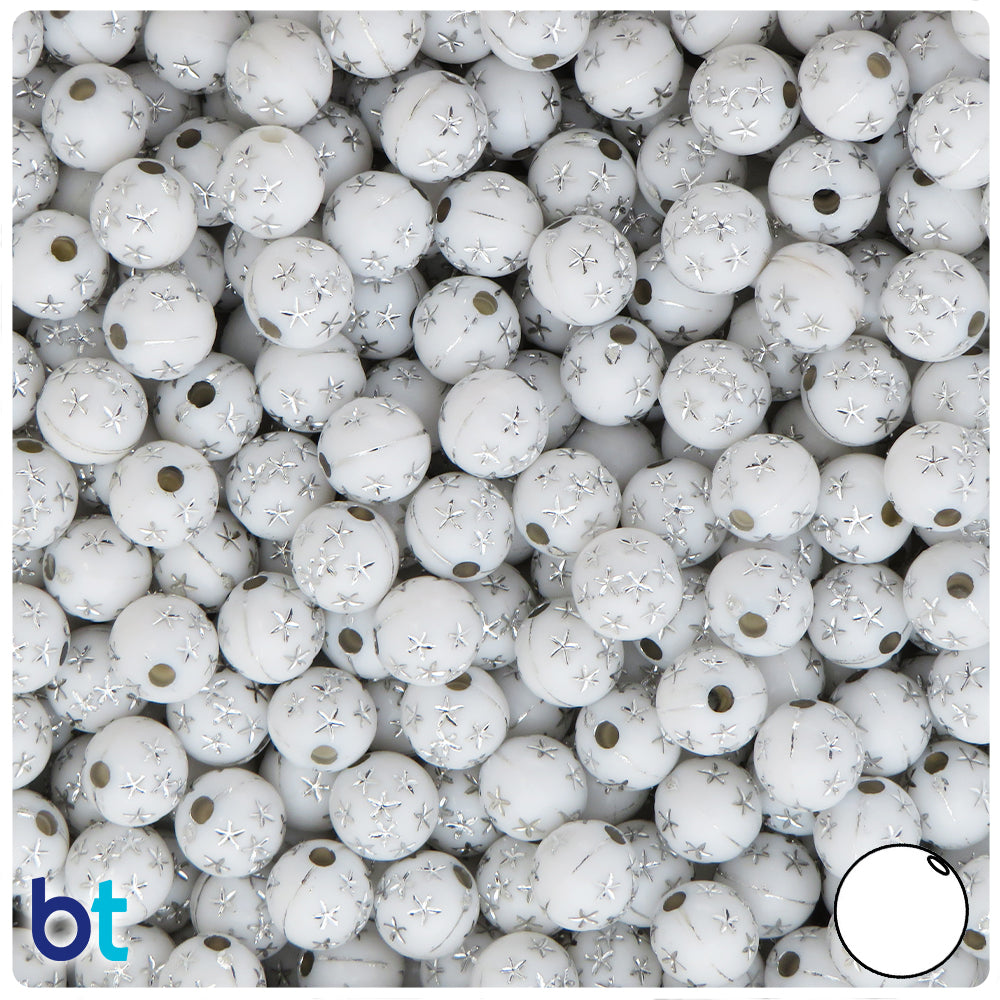 White Opaque 8mm Round Plastic Beads - Silver Stars (150pcs)