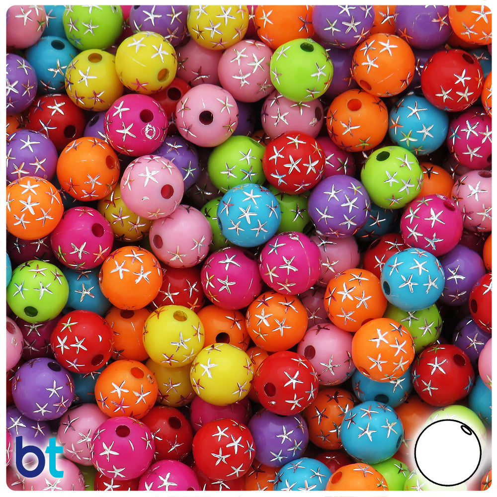 Mixed Opaque 10mm Round Plastic Beads - Silver Stars (100pcs)