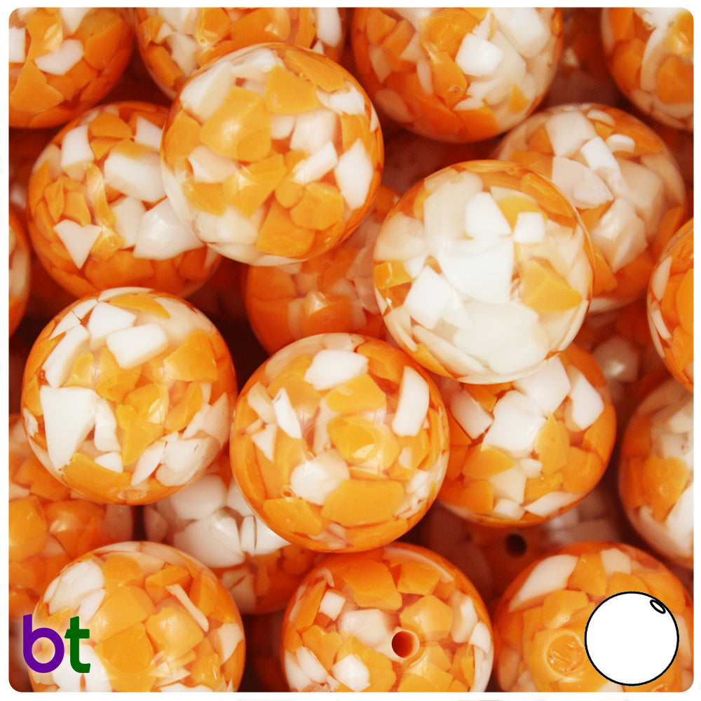 Orange Transparent 20mm Round Plastic Beads - White Chips (10pcs)