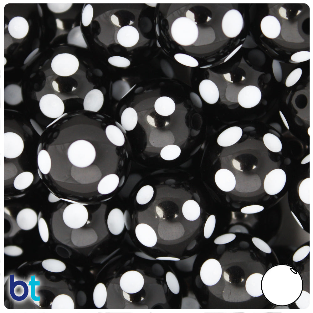Black Opaque 20mm Round Plastic Beads - White Polka Dots (10pcs)