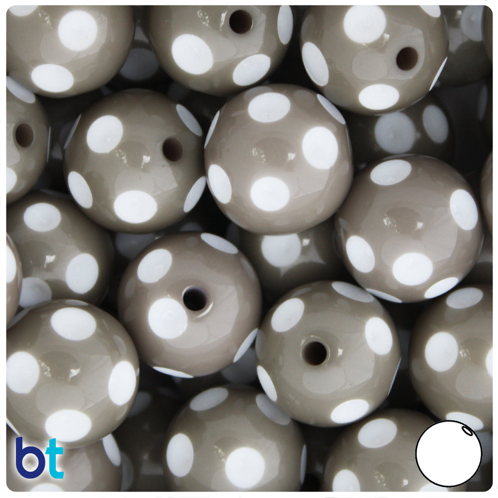 Grey Opaque 20mm Round Plastic Beads - White Polka Dots (10pcs)