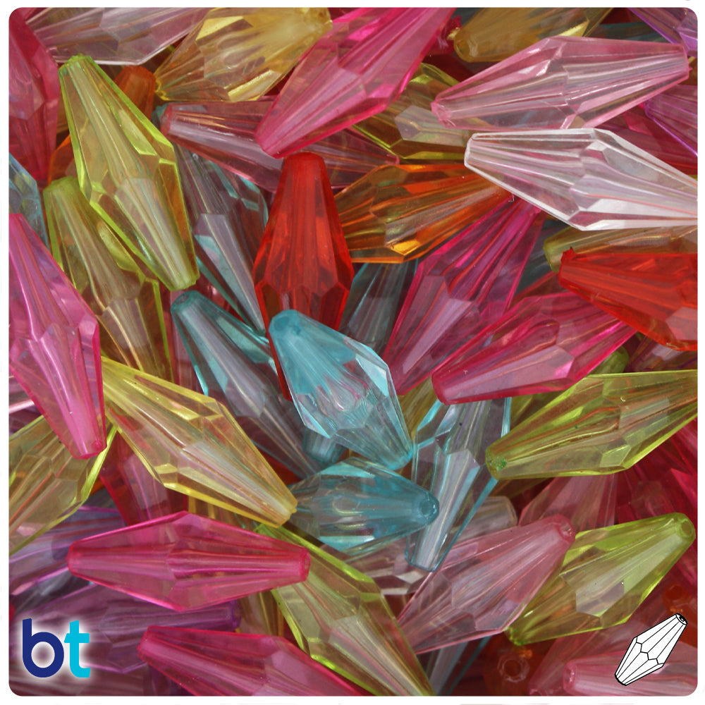 Mixed Transparent 25mm Faceted Elongated Bicone Plastic Beads (40pcs)