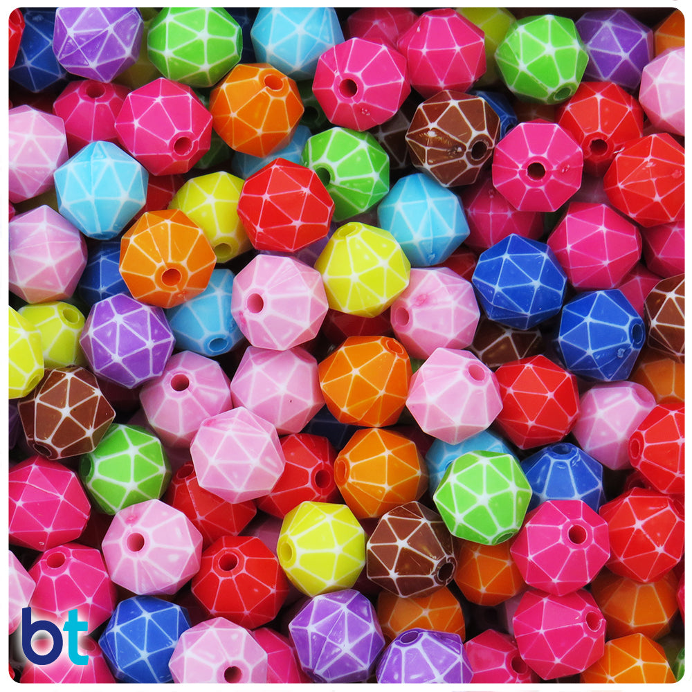 Mixed Opaque 10mm Faceted Polygon Plastic Beads - White Washed (100pcs)