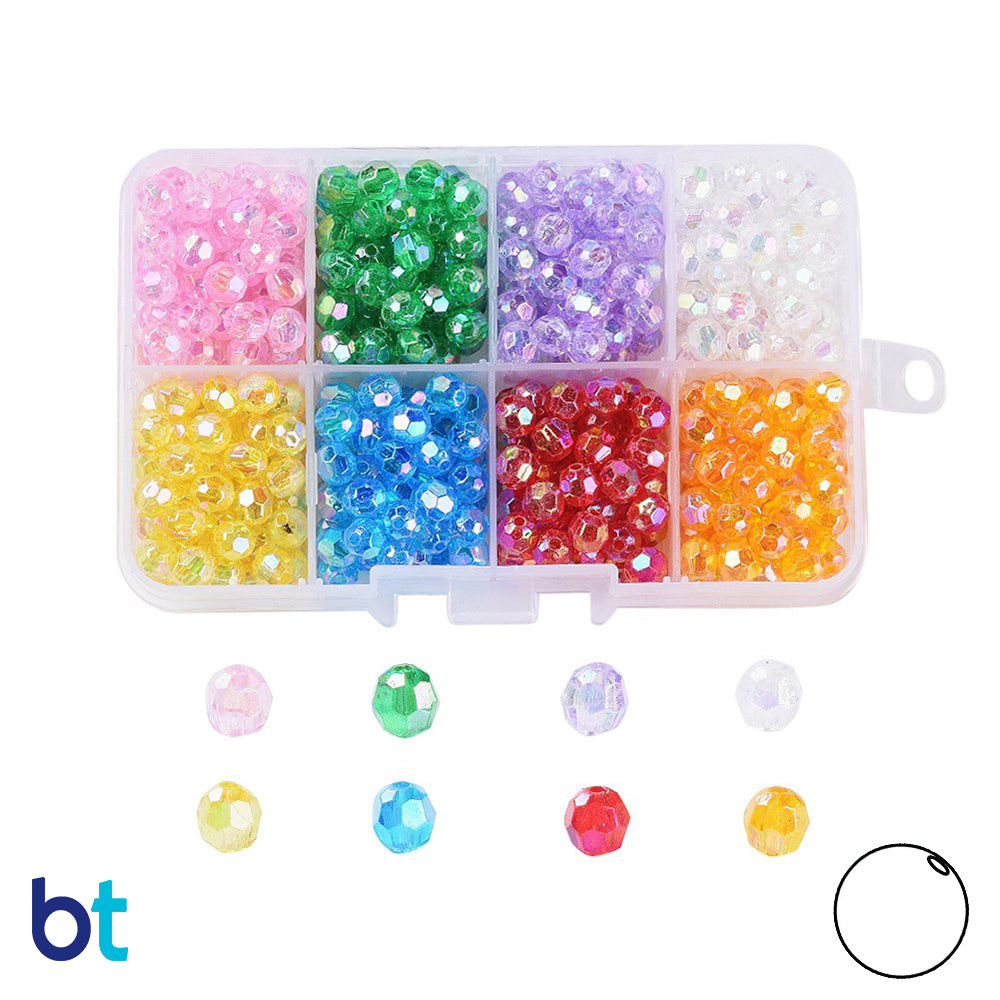 Transparent AB 6mm Faceted Round Plastic Beads (Box/8 Colors)