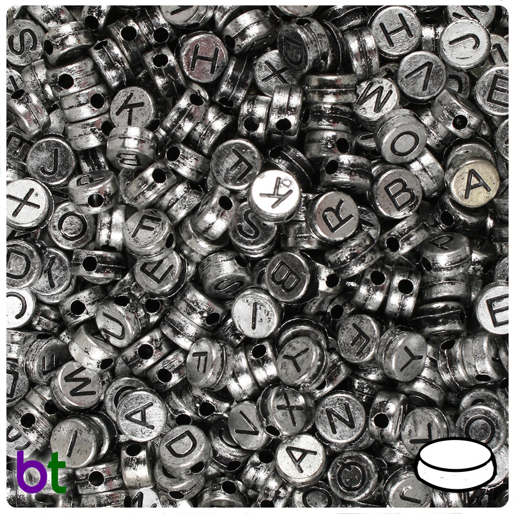 Silver Metallic 7mm Coin Alpha Beads - Black Letter Mix (250pcs)
