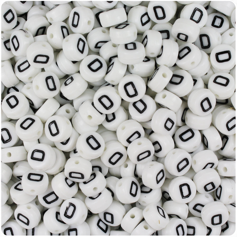 White Opaque 7mm Coin Alpha Beads - Black Letter D (100pcs)