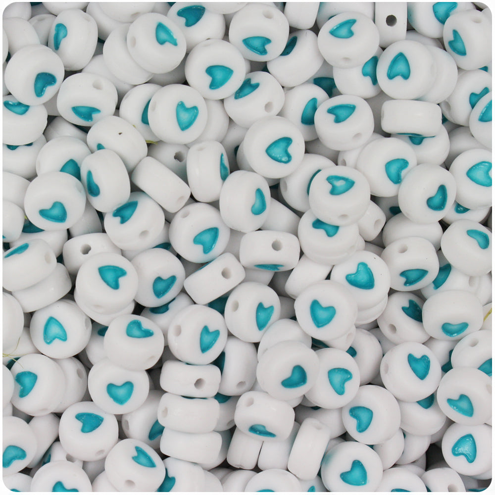 White Opaque 7mm Coin Alpha Beads - Light Blue Hearts (250pcs)