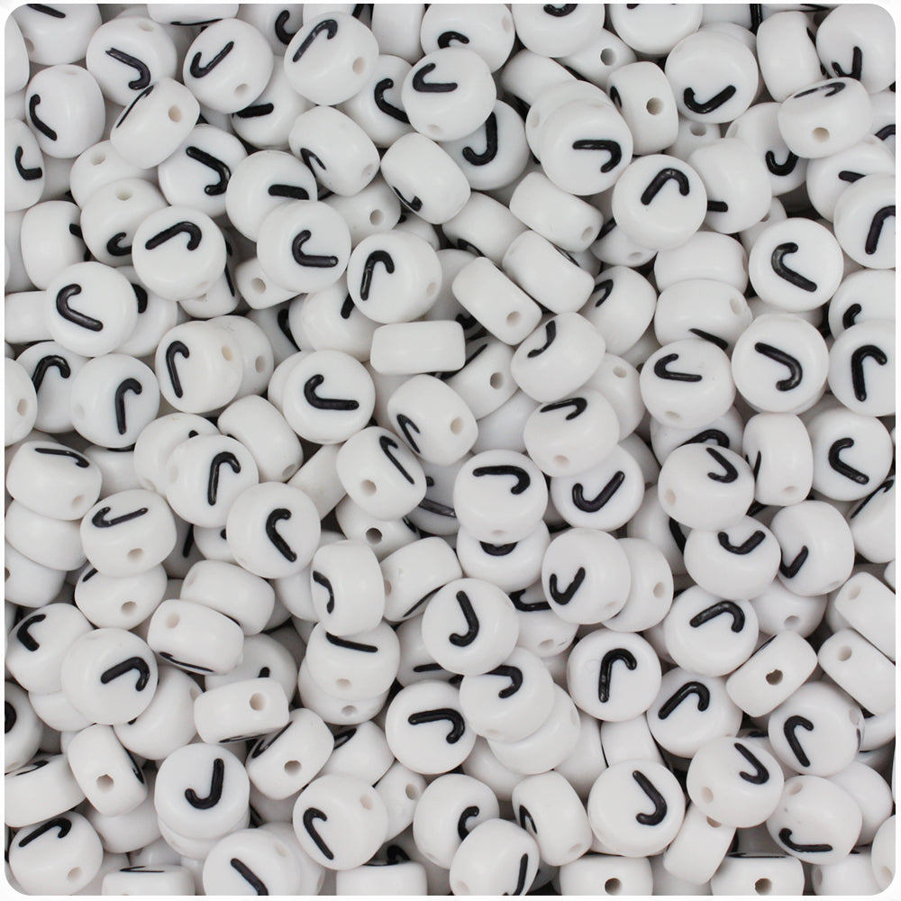 White Opaque 7mm Coin Alpha Beads - Black Letter J (100pcs)