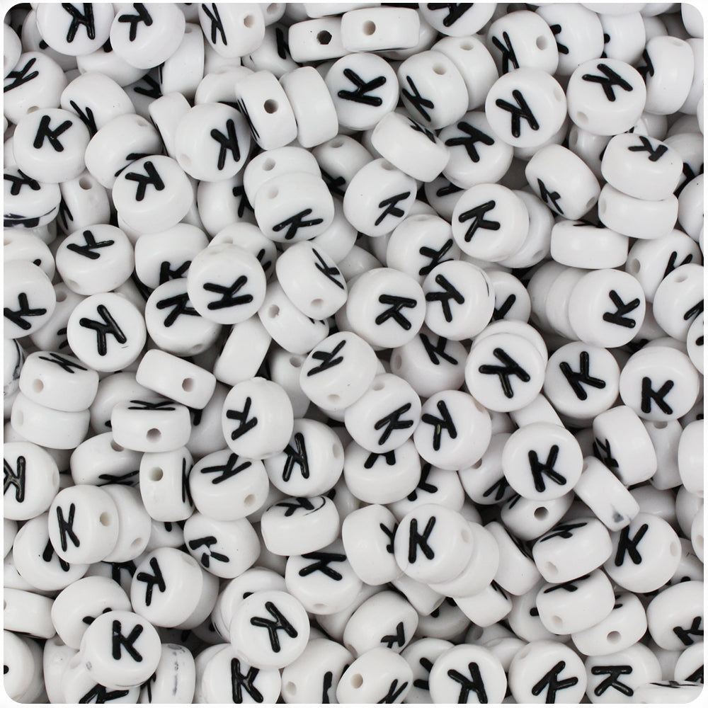 White Opaque 7mm Coin Alpha Beads - Black Letter K (100pcs)
