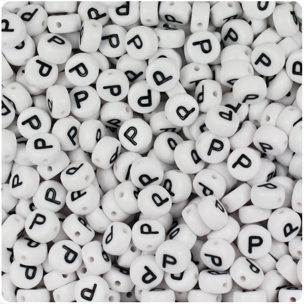 White Opaque 7mm Coin Alpha Beads - Black Letter P (100pcs)